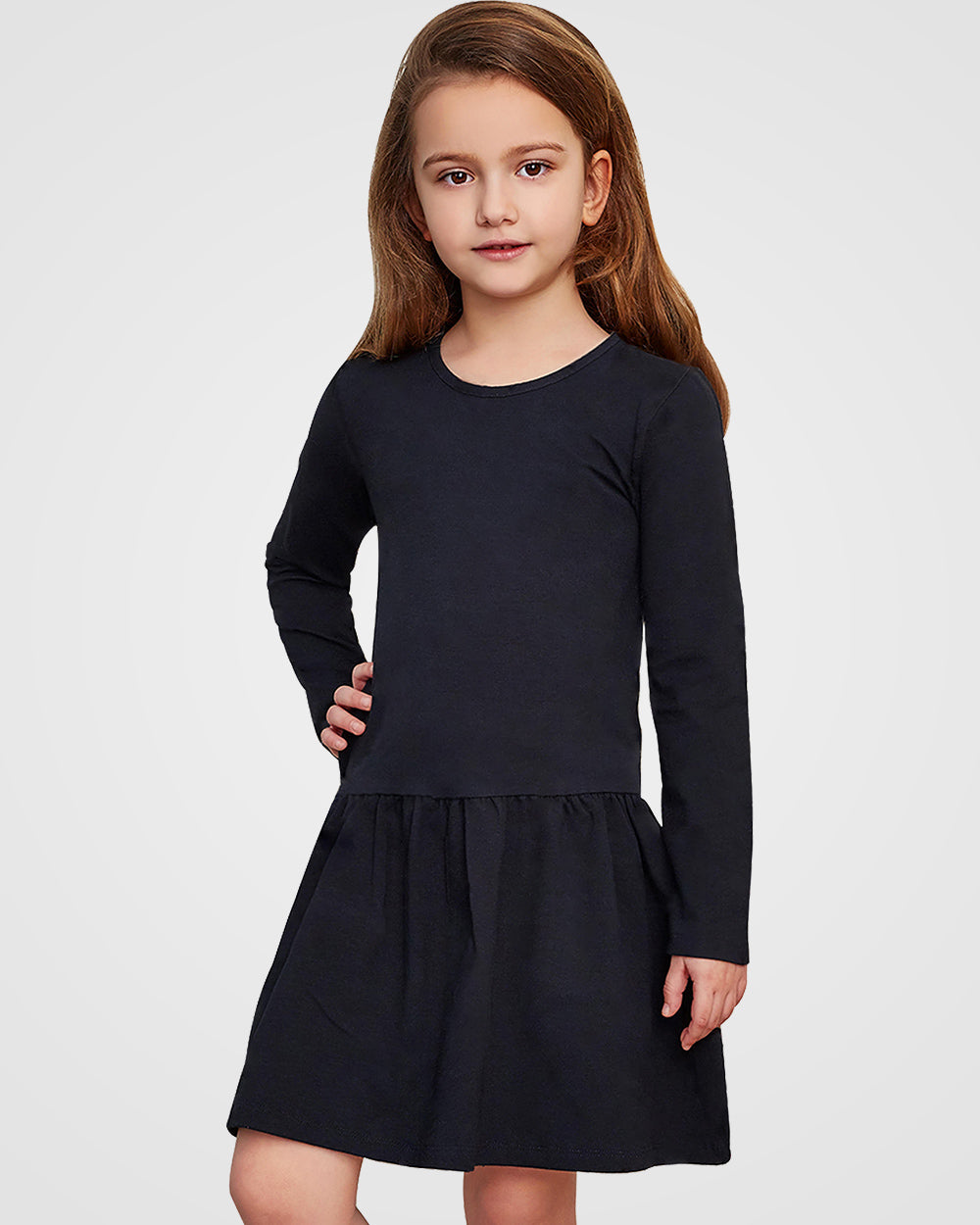 Organic Cotton+Spandex Long Sleeved Skater Dress for Girls - Black | CAOMP
