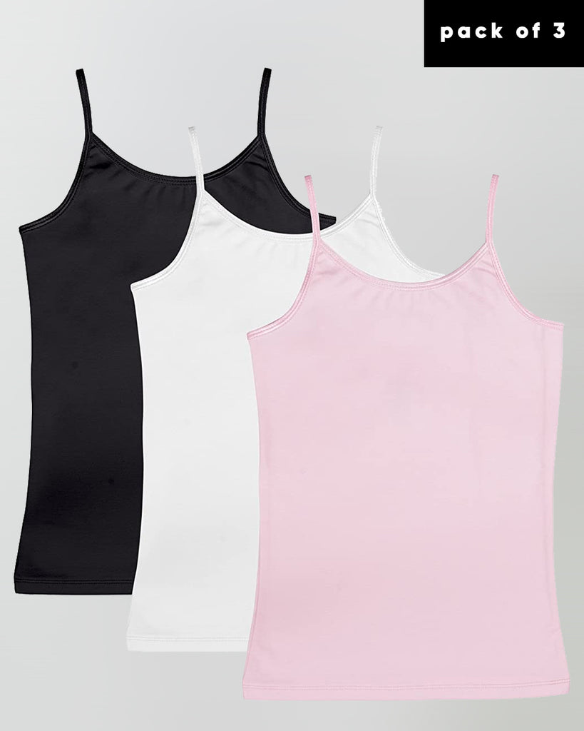Organic Cotton+Spandex Cami Tops with Adjustable Straps for Girls - Pack of 3 - Black + White + Pink