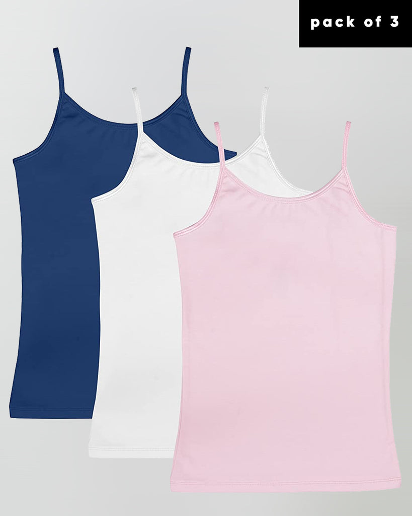 Organic Cotton+Spandex Cami Tops with Adjustable Straps for Girls - Pack of 3 - Navy + White + Pink