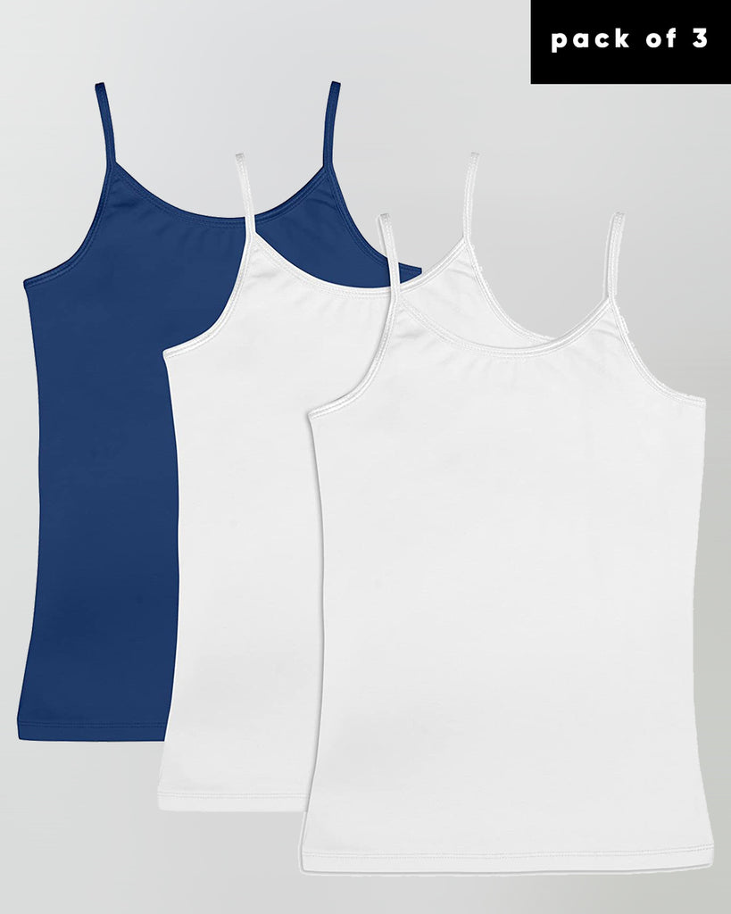 Organic Cotton+Spandex Cami Tops with Adjustable Straps for Girls - Pack of 3 - Navy + White
