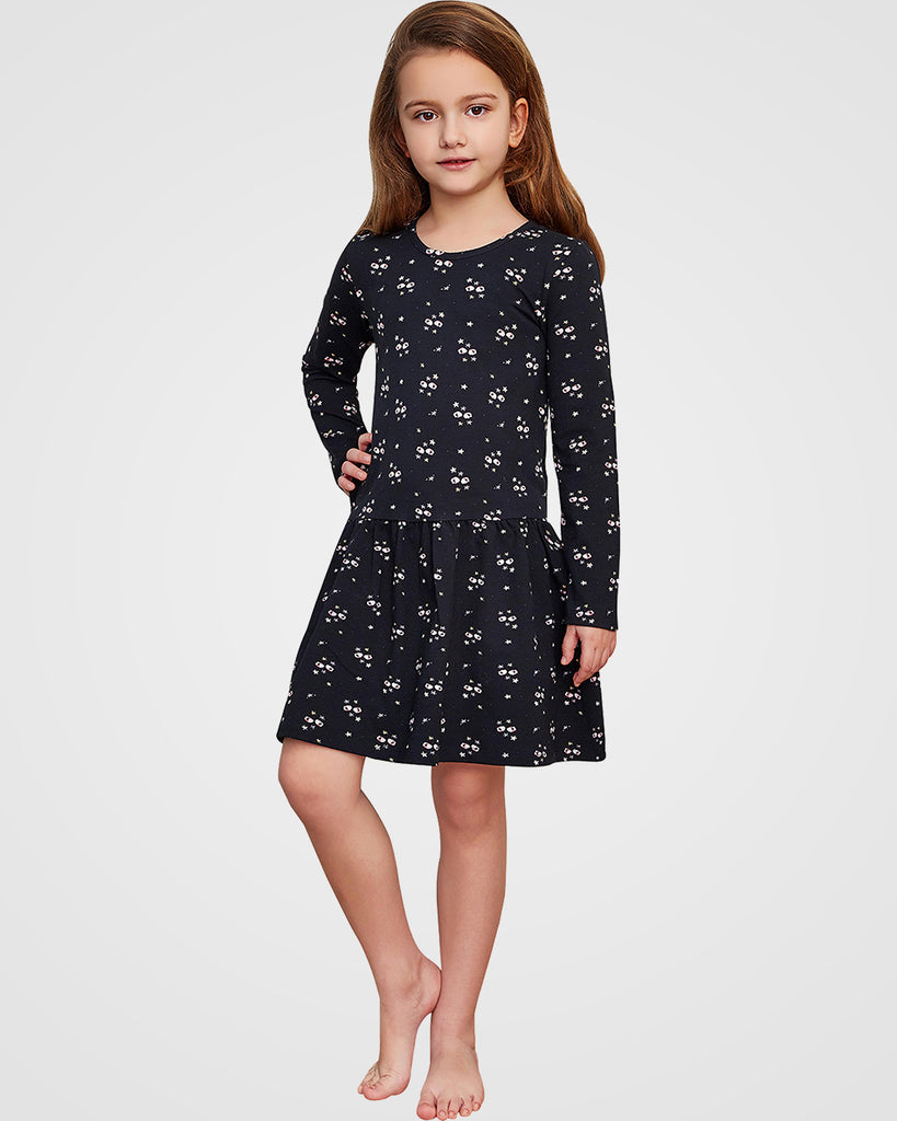 Organic Cotton+Spandex Long Sleeved Skater Dress with for Girls - Printed Black