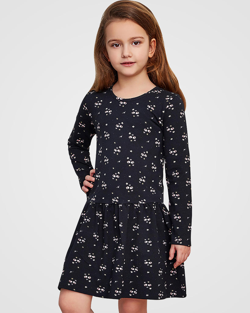 Organic Cotton+Spandex Long Sleeved Skater Dress with for Girls - Printed Black
