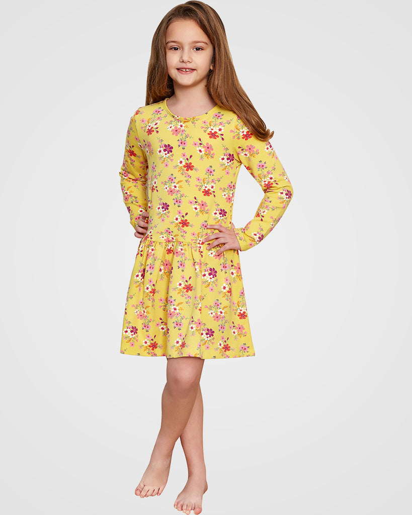 Organic Cotton+Spandex Long Sleeved Skater Dress with for Girls - Printed Yellow