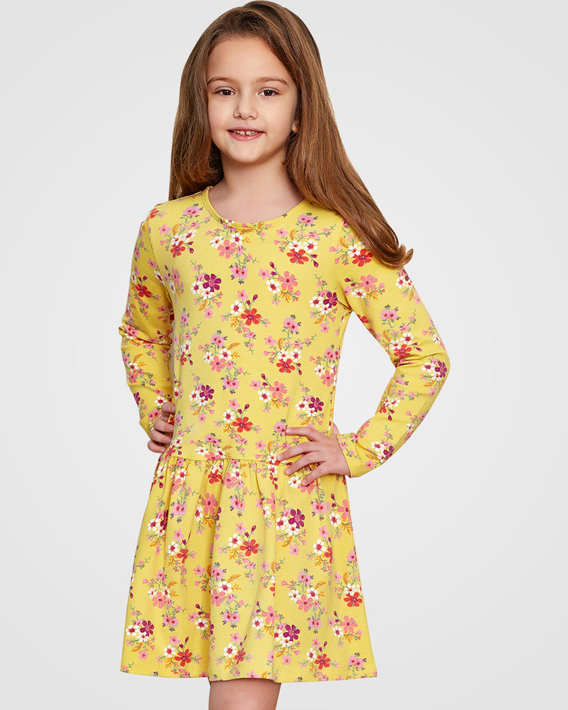 Organic Cotton+Spandex Long Sleeved Skater Dress with for Girls - Printed Yellow