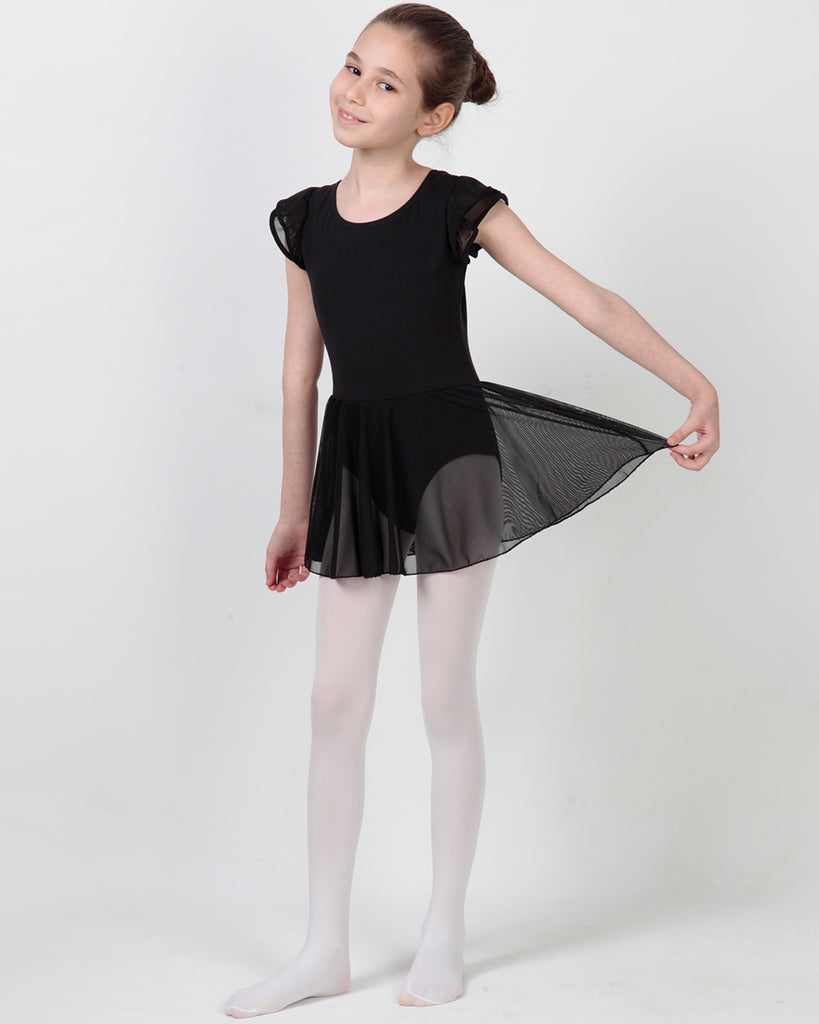 Organic Cotton+Spandex Flutter Sleeve Skirted Ballet Leotard for Girls - Black