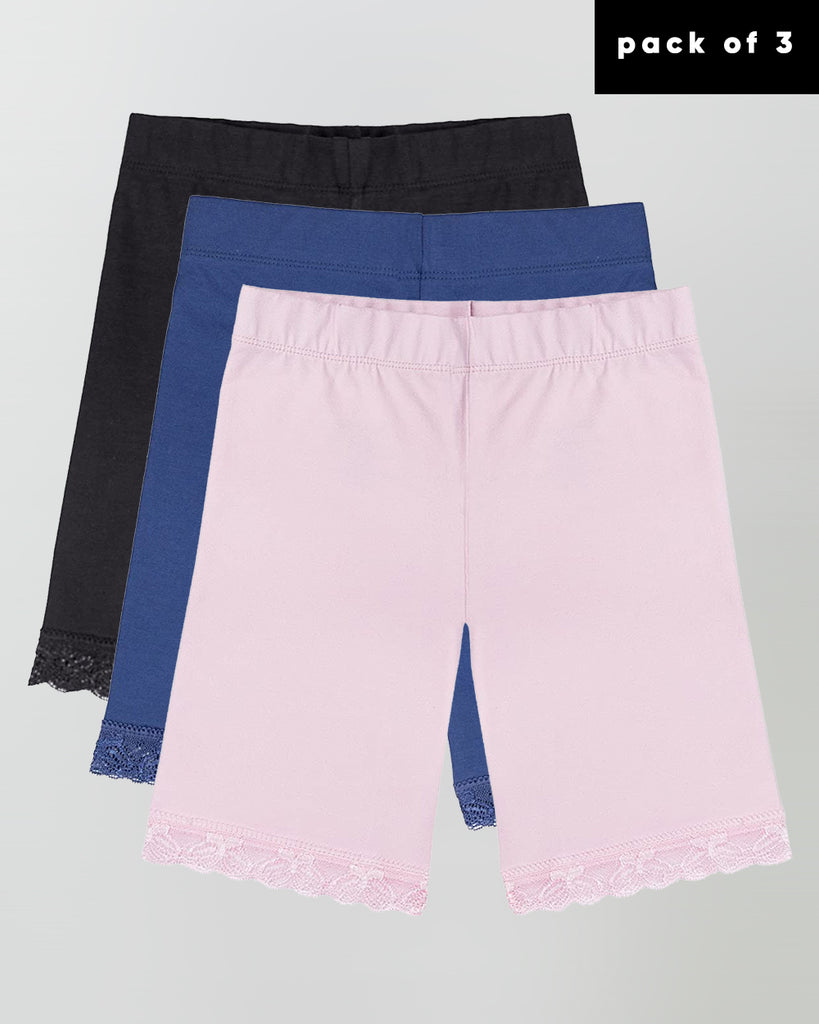 Organic Cotton+Spandex Bike Shorts with Lace for Girls - Pack of 3 - Black + Navy + Pink